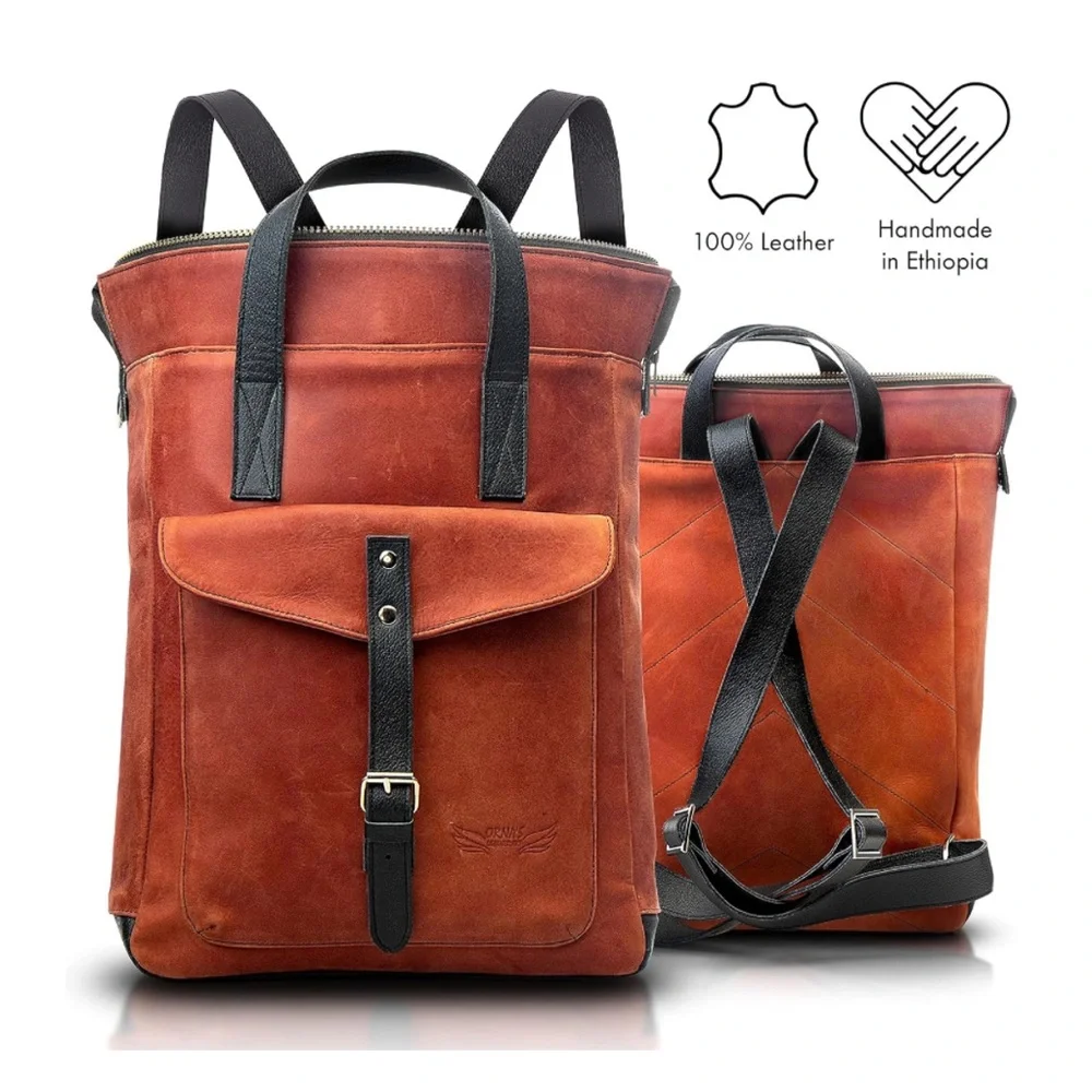 ORNA'S • Red Cognac Leather Backpack Bag Chic Contemporary - Picture 6 of 6